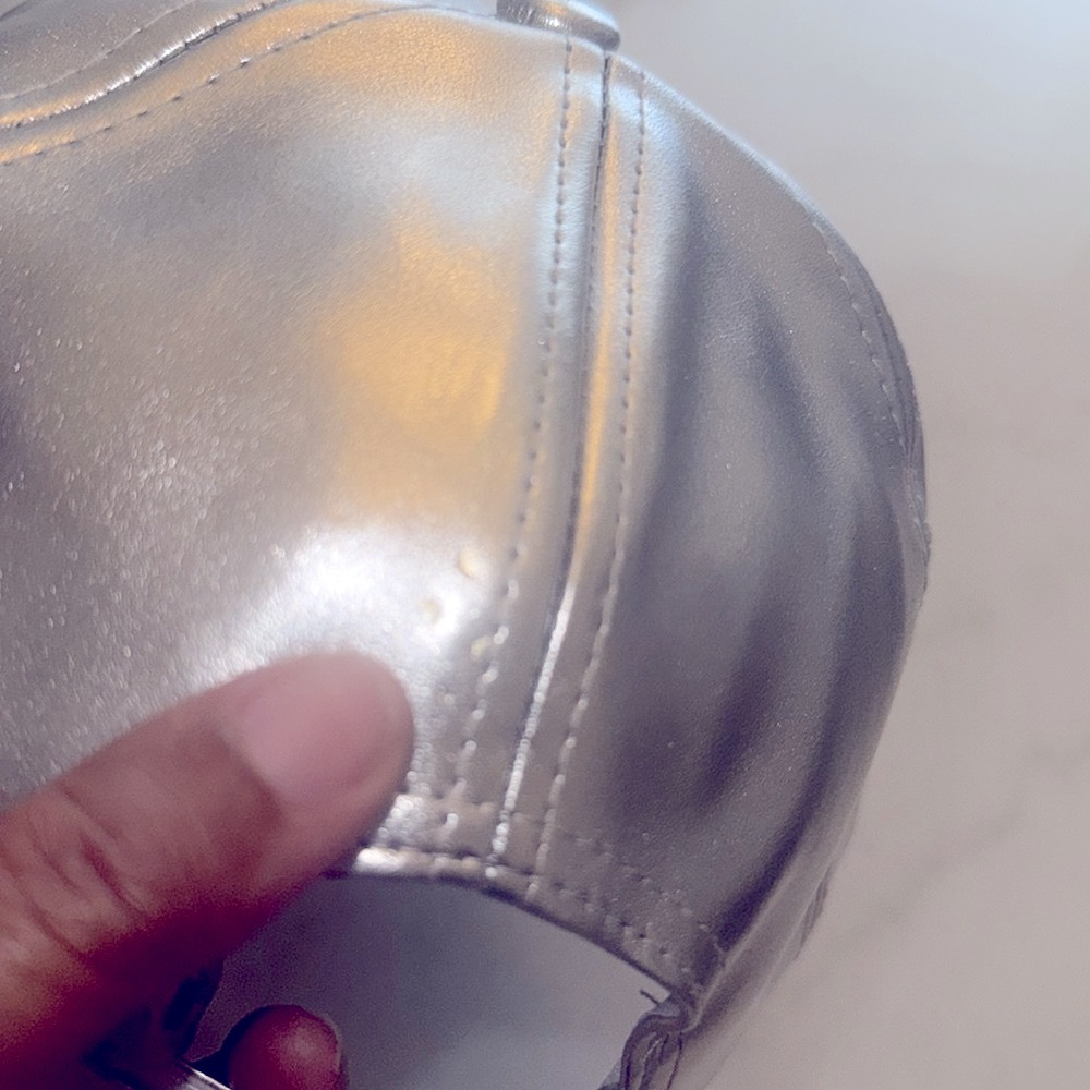 Silver Vegan Leather Cap with Rhinestone Design - Picture 5 of 5